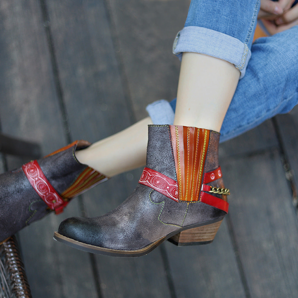 Amerikaanse Fashion Vintage Handgemaakte Matte Cowboy Enkellaarzen van Echt Leer met Geomestrisch Studded-band en Enkelketting voor Dames & Plus-size