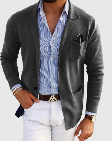 Casual Business Effen Kleur Sweater-Blazer met Borstzak en Enkele Knoopsluiting voor Heren & Jongens