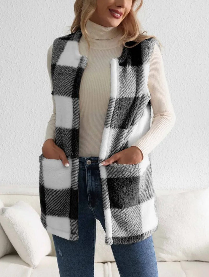 Casual Mouwloze Oversized Fleece Geruite Openvest met Zakken voor Dames & Plus-size