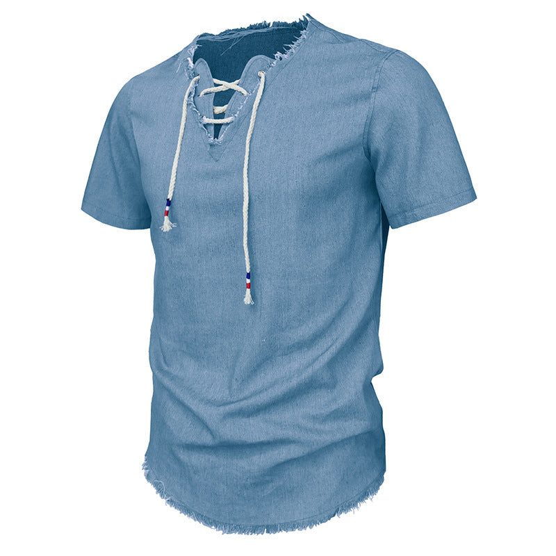 Amerikaanse Stijlvolle Casual Oversized Katoenen Denim V-hals T-shirt met Korte Mouwen en Vetersluiting voor Heren