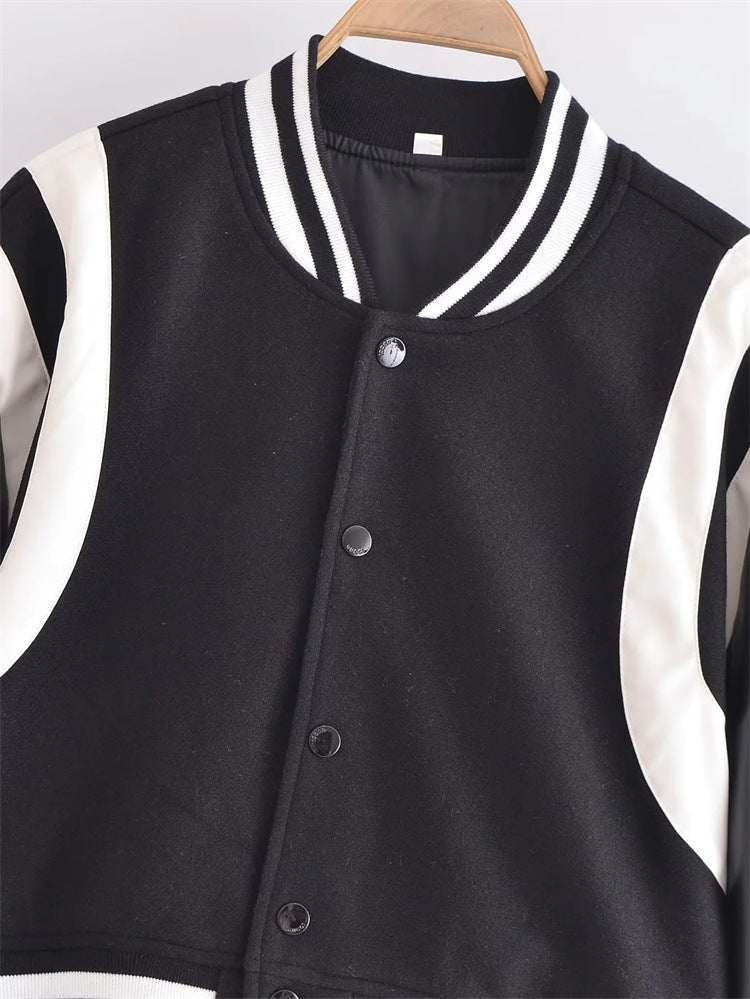 Amerikaanse Honkbaluniform Retro Varsity jacket van PU-Leer met Gestikte Wol en Knoopsluiting voor Dames & Meiden