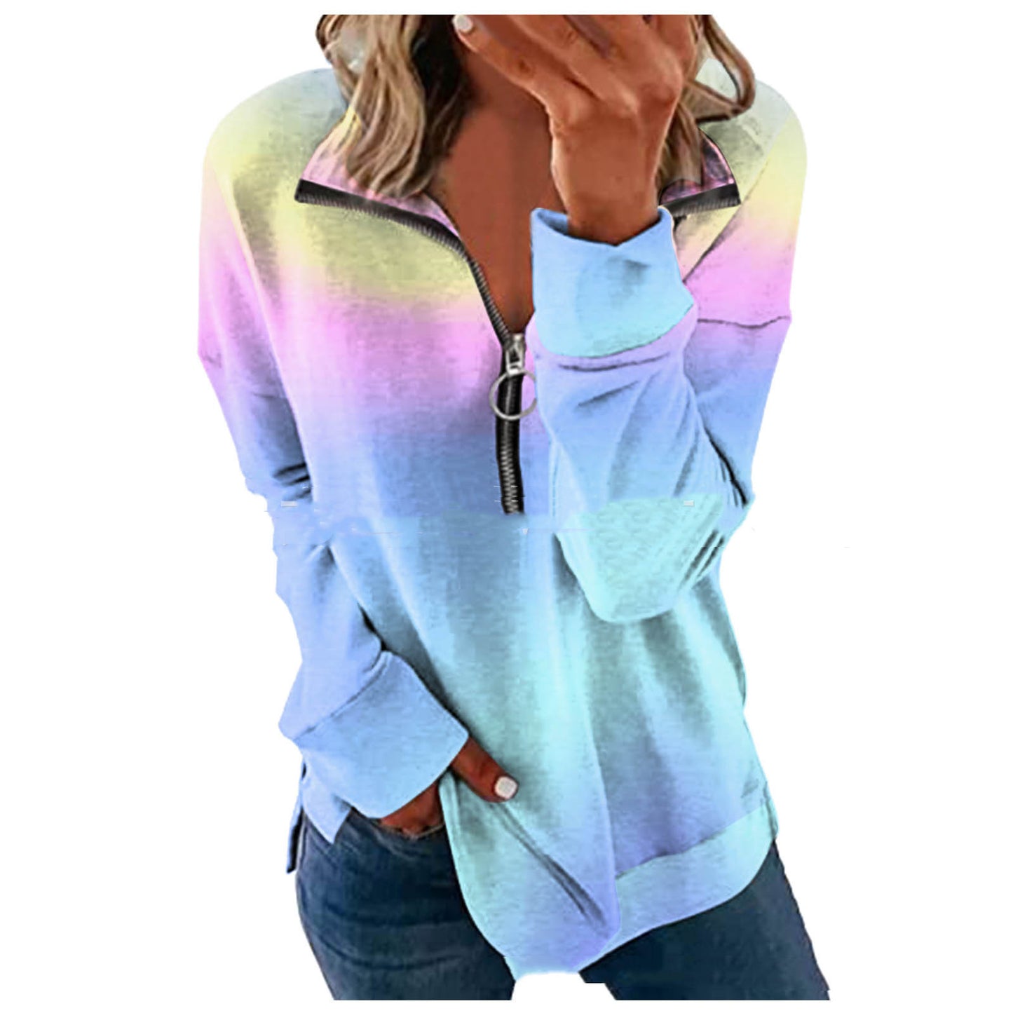 Europese en Amerikaanse Bedrukte Sweatshirt met Rits en Revers voor Dames/ Plus-size & Meiden