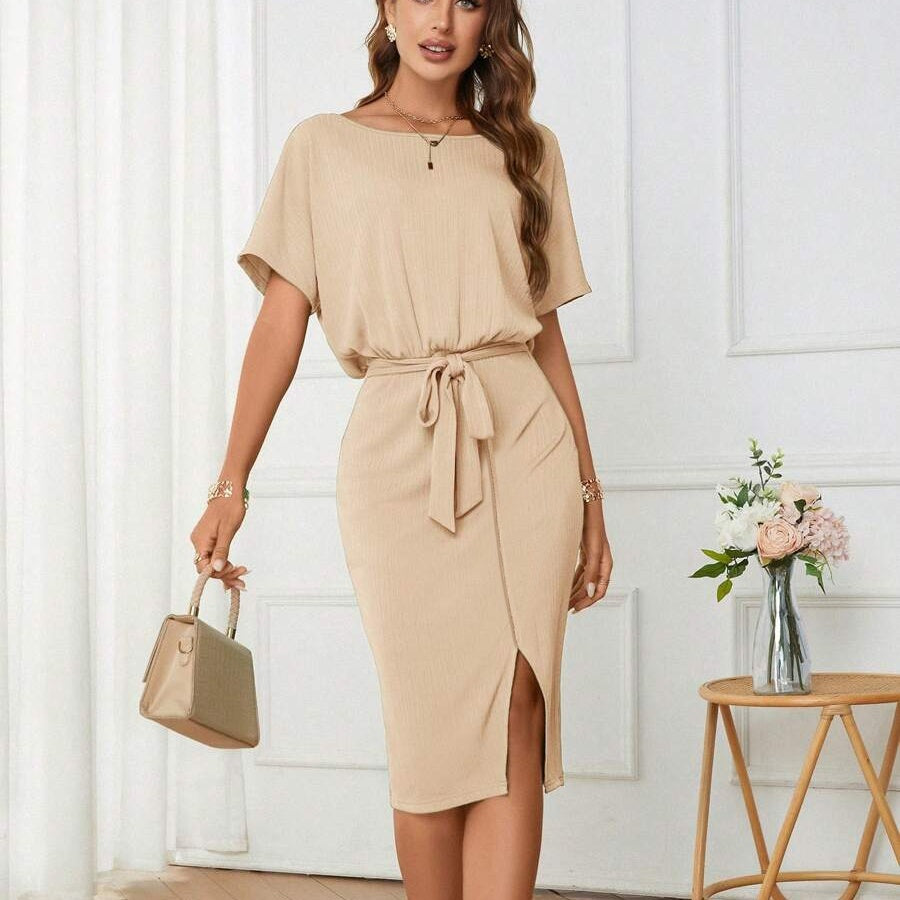 Elegante/Business A-lijn Effen Kleur Korte Mouw Midi-jurk met Split en Riem voor Dames & Plus-size