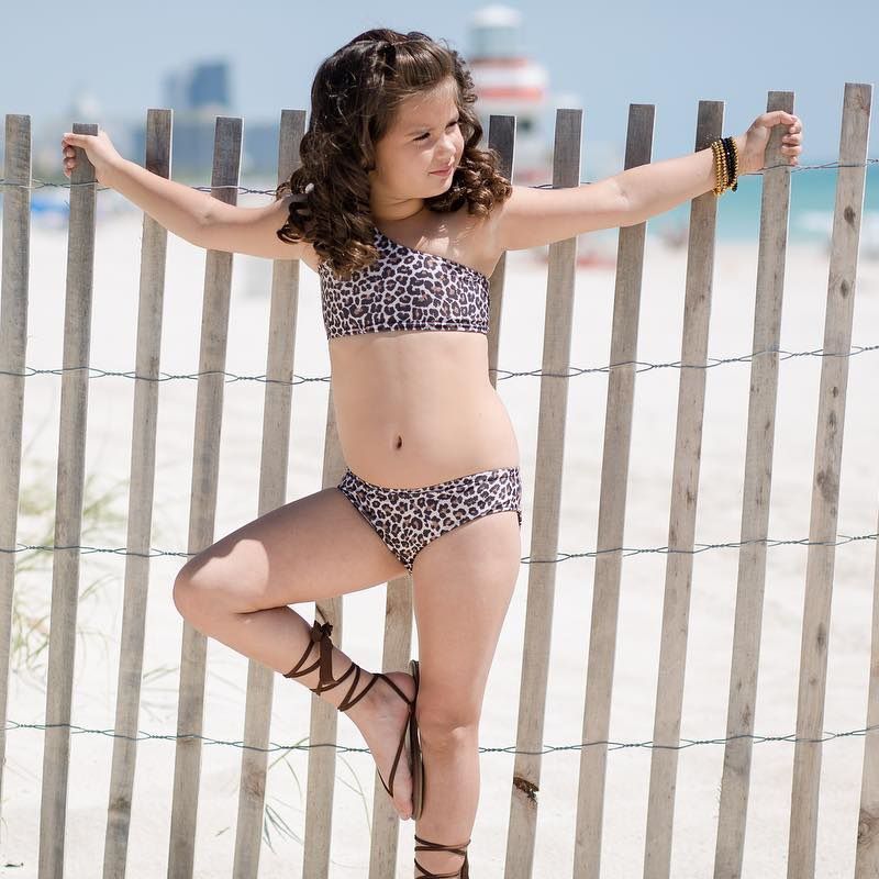Kinderbadkleding voor Meisjes 3-delig Luipaardprint Bikiniset Top met één Schouder en Strik & Broek en Haarband met Strik