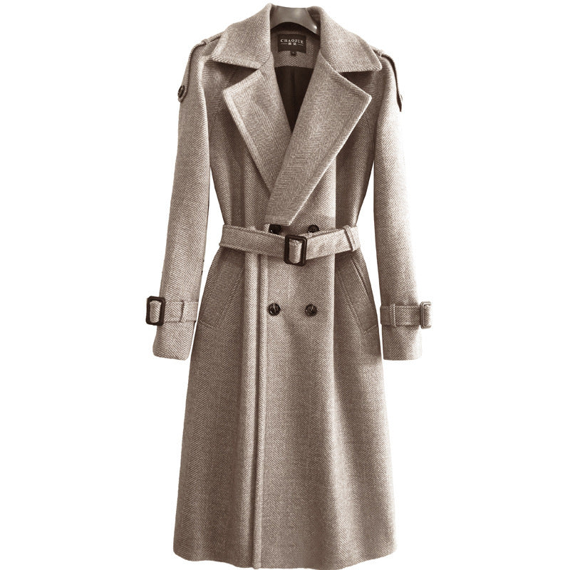 Casual/Business Lange Wollen Visgraat Trenchcoat met Knoopsluiting en Riem voor Heren