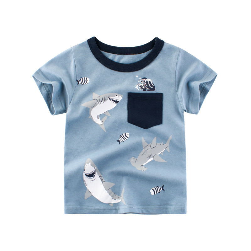 Trendy Schattige Blauwe Korte Mouw T-shirt met Bedrukte Cartoonprint en Borstzak voor Kinderen