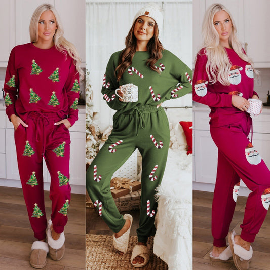 Kerstmis Casual Modieuze Effen Kleur Kerst Huis/ Pyjama-outfit met Geborduurde Pailletten voor Dames & Plus-size
