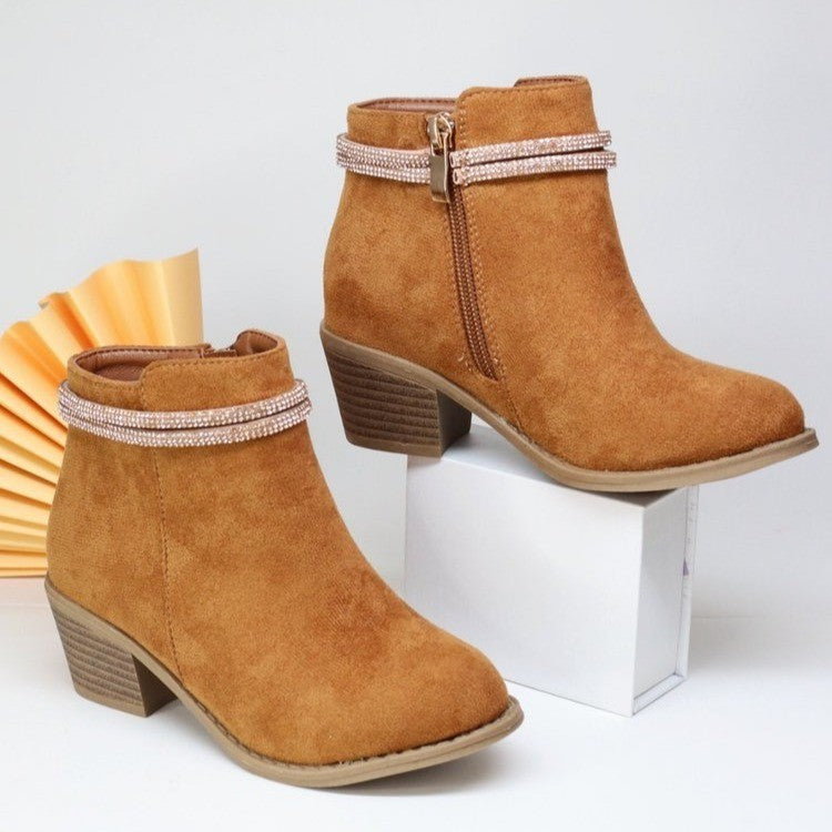 Modieuze Effen Kleur Enkel Laarzen van PU-Leer met Dubbele Band Strass-steentjes en Ritssluitingvoor Meiden