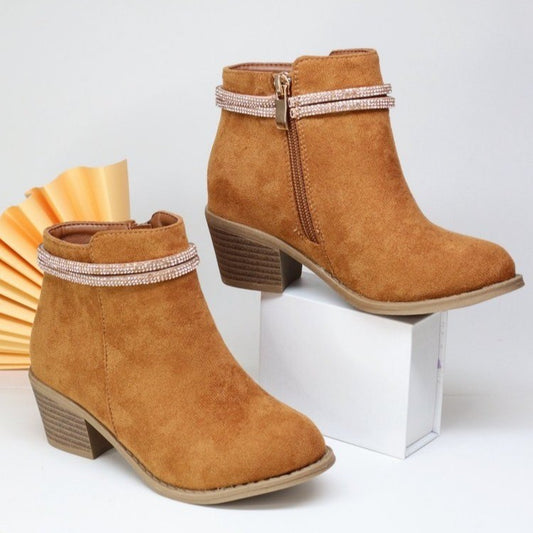 Modieuze Effen Kleur Enkel Laarzen van PU-Leer met Dubbele Band Strass-steentjes en Ritssluitingvoor Meiden