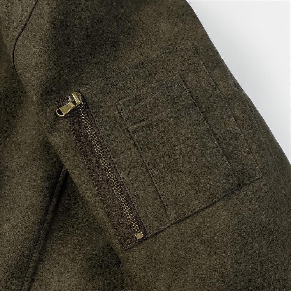 Distressed Casual Legergroene Losse Jas van PU -Leer met Rits voor heren