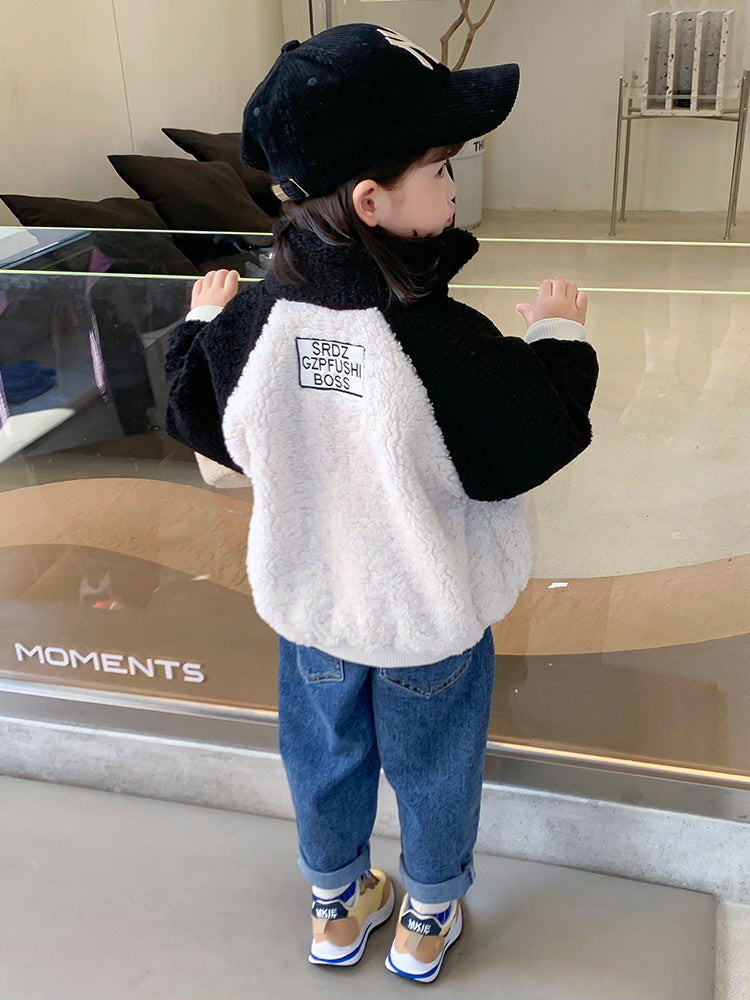 Twee Kleuren Fluwelen Dikke Vest met Rits voor Meisjes