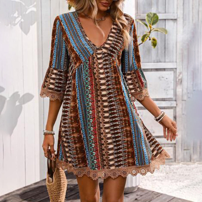 Casual Amerikaanse Boho-Chic met V-hals en Rand van Kant voor Dames & Plus-size
