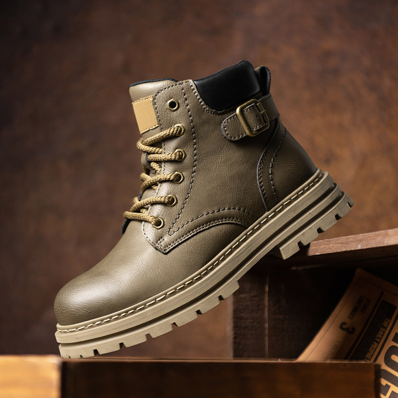 Retro Casual Business Effen Kleur Hoge Workboots van Echt Leer met Ronde Neus en Vetersluiting voor Heren