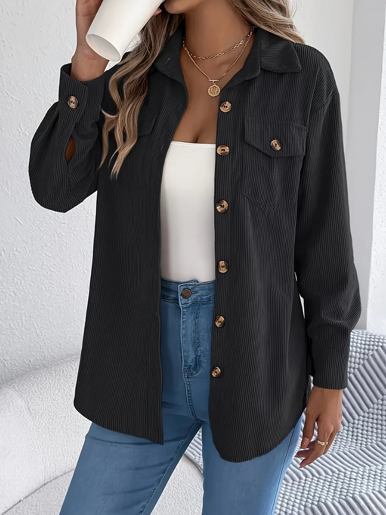 Amerikaanse Casual Halflang Gestreepte Corduroy Overhemd met Knoopsluiting voor Dames & Plus-size