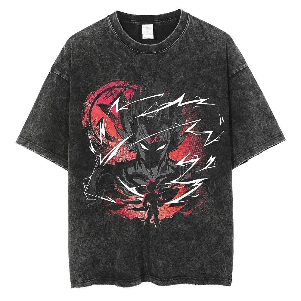 Hiphopstijl Klassieke Effen Kleur Oversized Casual Vintage Washed Cartoonprint T-shirt met Ronde Hals en Korte Mouwen voor Heren, Zwart Vintage
