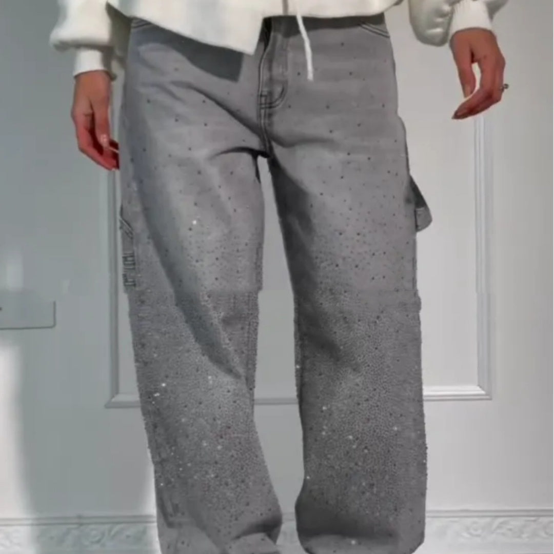 Stijlvolle Designer Modieuze Streetwear Oversized Wide Leg Jeans met Strass-steentjes en Zakken voor Dames/Plus-size & Meiden
