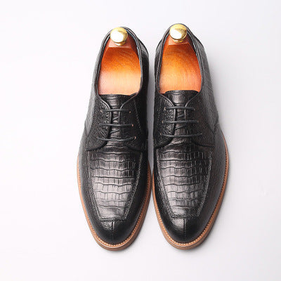 Europese en Amerikaanse Trendy Retro Business Effen Kleur Puntige Derbyschoenen met Krokodillen Motief van Echt Leer met Vetersluiting voor Heren