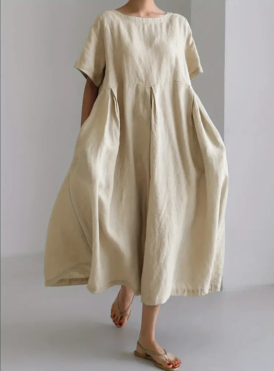 Trendy Katoenen Linnen Korte Mouw Maxi-jurk in Effen Kleur met Ronde Hals en Zakken voor Dames & Plus-size