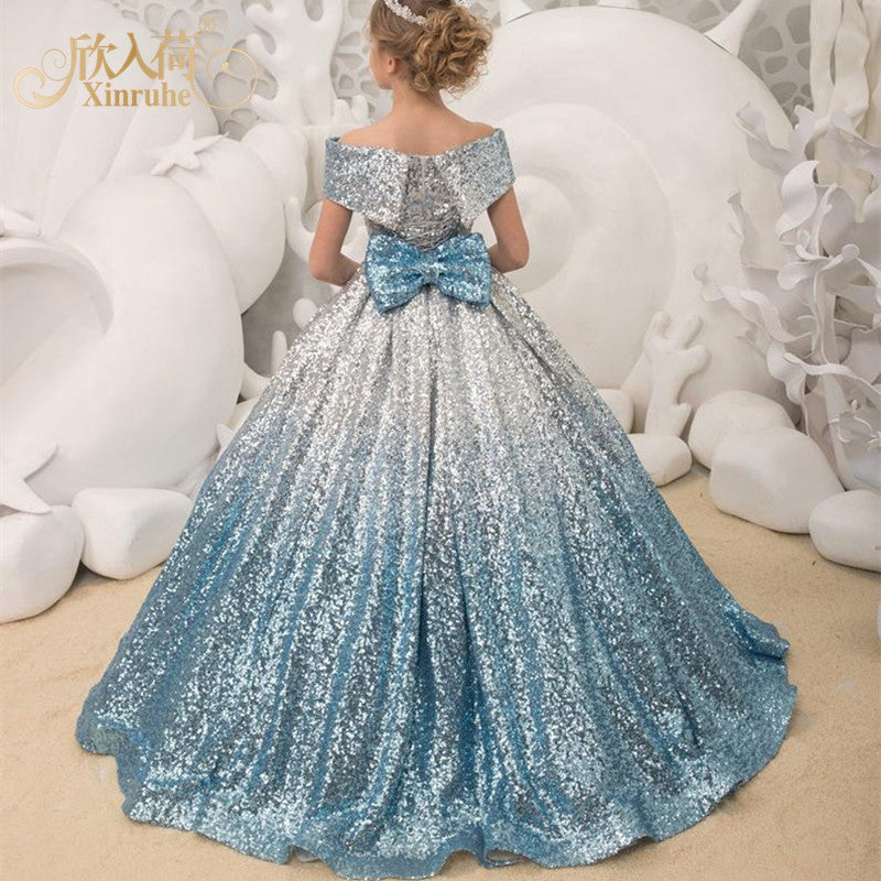 Elegante Sprankelende Pailletten Off-Shoulder Lange Galajurk met Strik voor Meisjes & Meiden