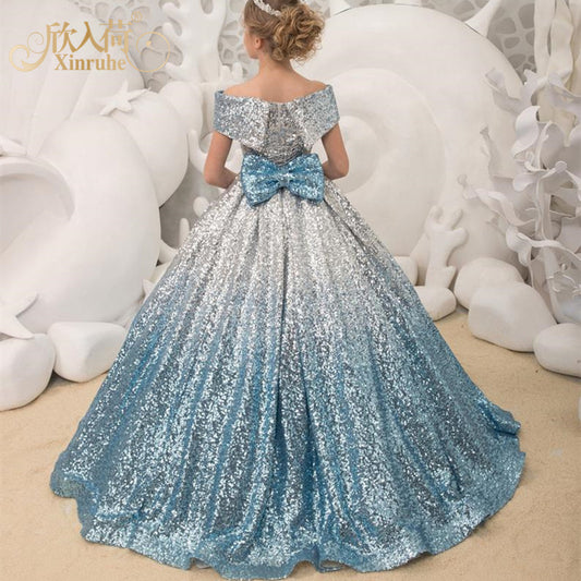 Elegante Sprankelende Pailletten Off-Shoulder Lange Galajurk met Strik voor Meisjes & Meiden