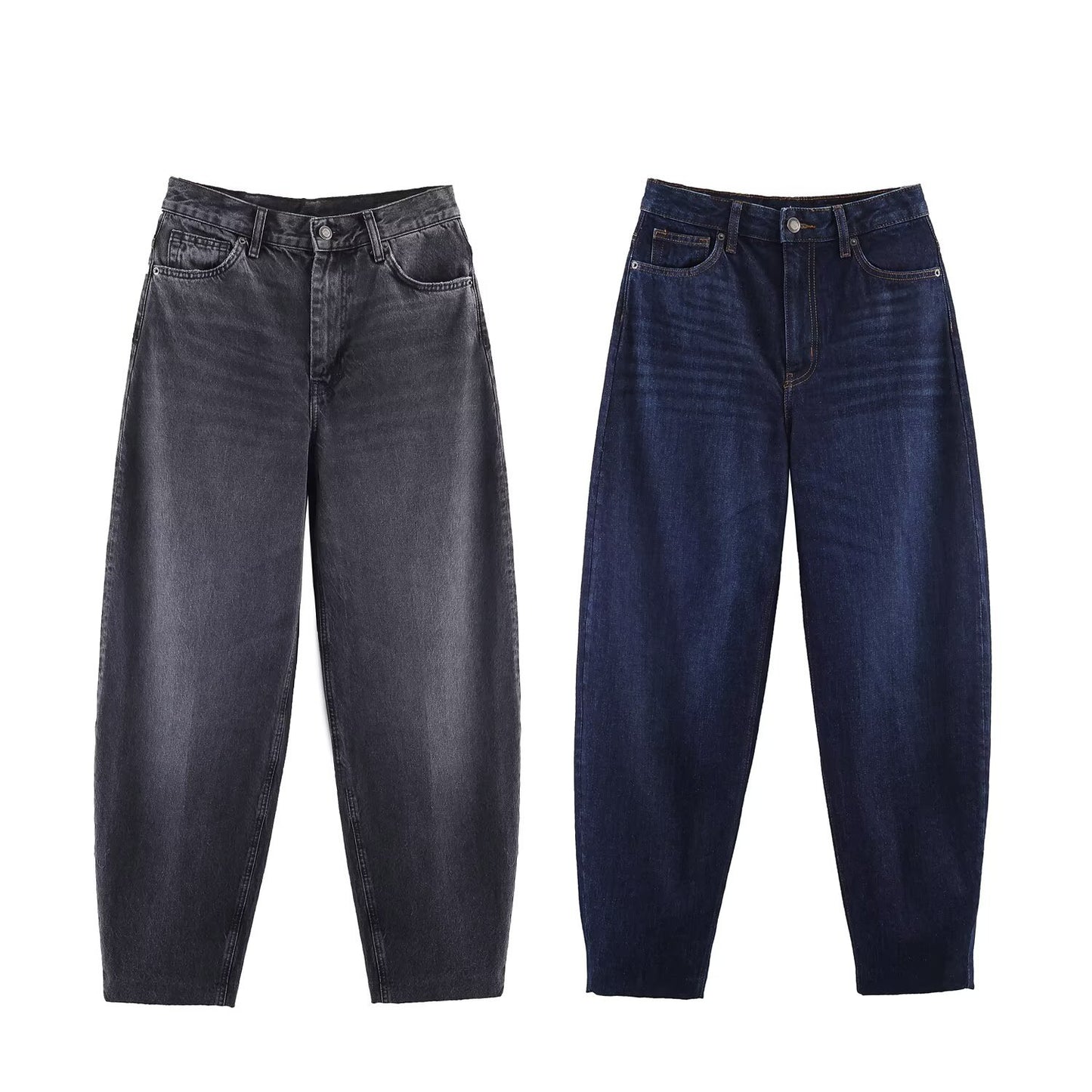 Eenvoudige Streetstyle Casual Effen Kleur Hoge Taille Bucket Shape Jeans met Smalle Rechte Pijpen en Knoopsluiting voor Unisex