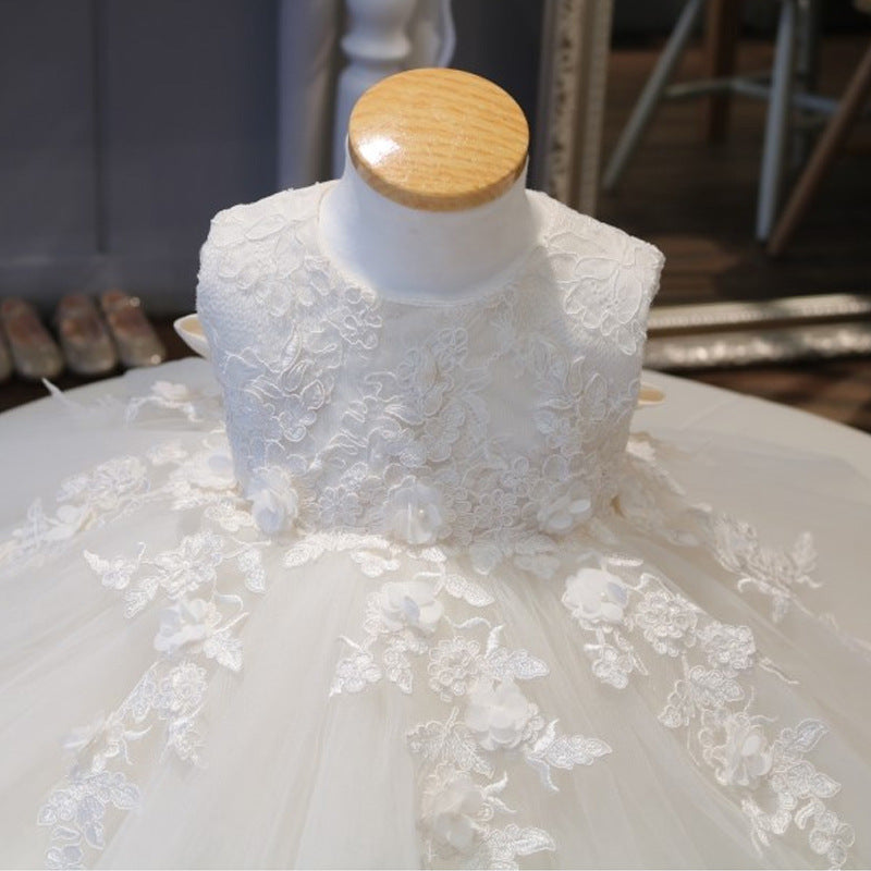 Bruidmeisjes Witte Jurk met Geborduurde Bloemenpatroon en Strik