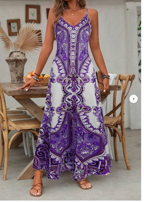 Casual Mouwloze V-hals Boho Cami Maxi-jurk met Paisley Patroon en Spaghetti Bandjes voor Dames