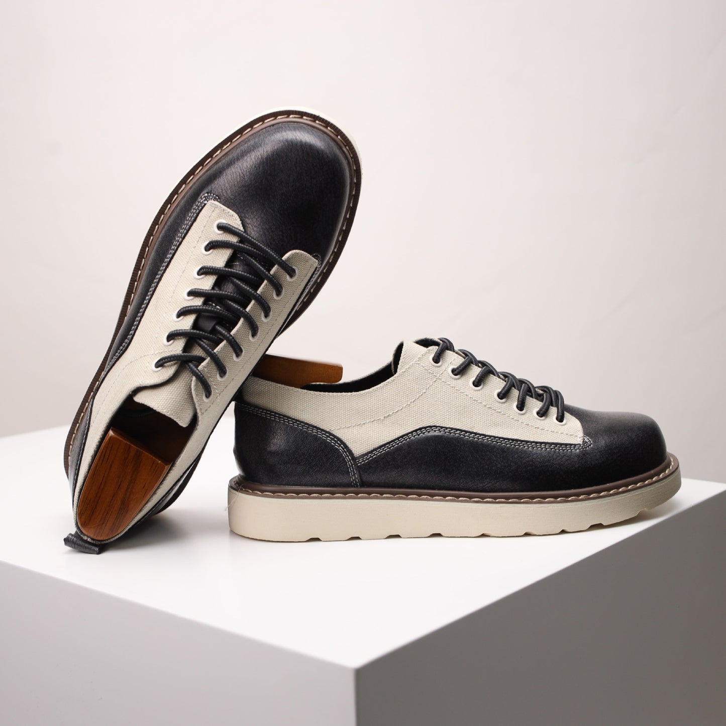 Europese Vintage Casual Outdoor Tweekleurig Sneakers van Echt Leer met Ronde Neus & Vetersluiting voor Heren