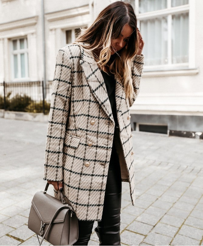 Vintage Formeel Geruite Blazer-jas van Wol met Knoopsluiting voor Dames & Plus-size