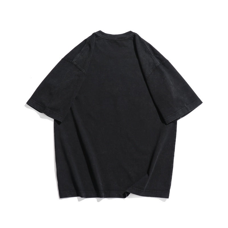Trendy Retro Effen Kleur Oversized Washed Vintage Letterprint T-shirt met Ronde Hals en Korte Mouwen voor Unisex