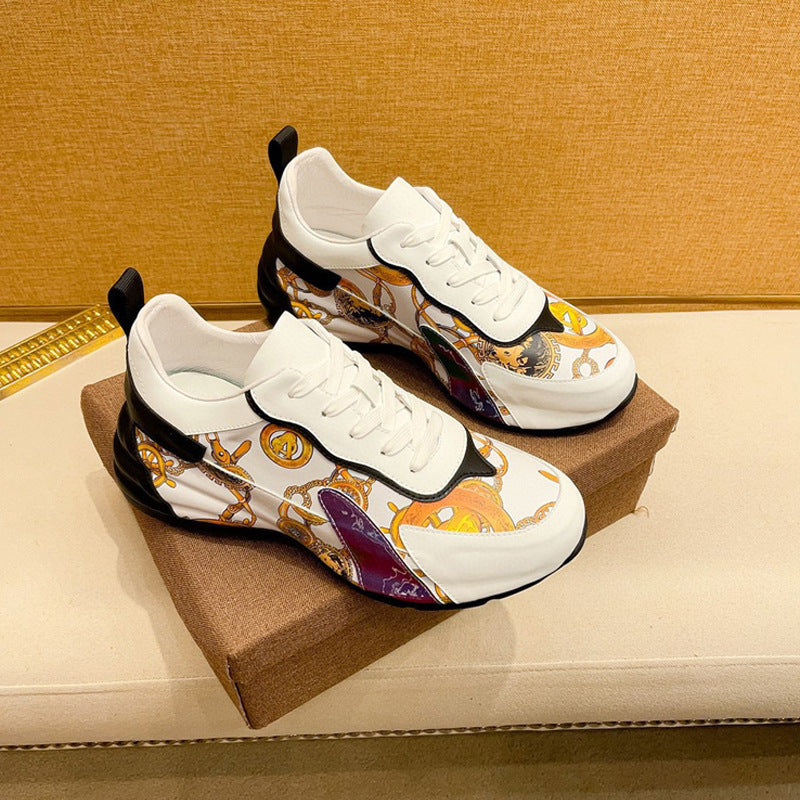 Europese Casual Kleurrijke Barocco-patroon Sportsneakers van Echt Leer met Ronde Neus en Vetersluiting voor Heren