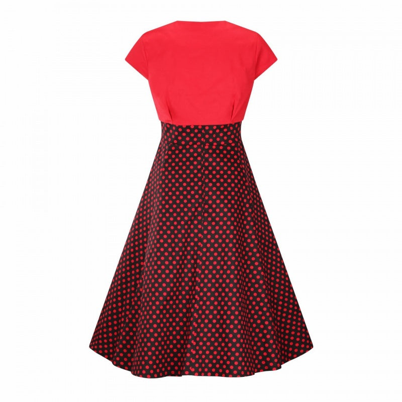 Hepburn Style Casual Vintage Rode Jurk met Korte Mouwen en Stippen-patroon voor Dames & Plus-size