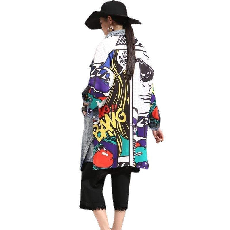 Retro Artistieke Stijl Creatieve Cartoonprint Spijker-Trenchcoat met Knoopsluiting voor Dames & Plus-size