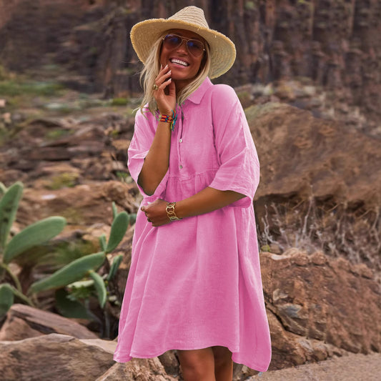 Artistieke Stijl Casual Retro Effen Kleur Polojurk met Korte Mouwen en Knoopsluiting voor Dames