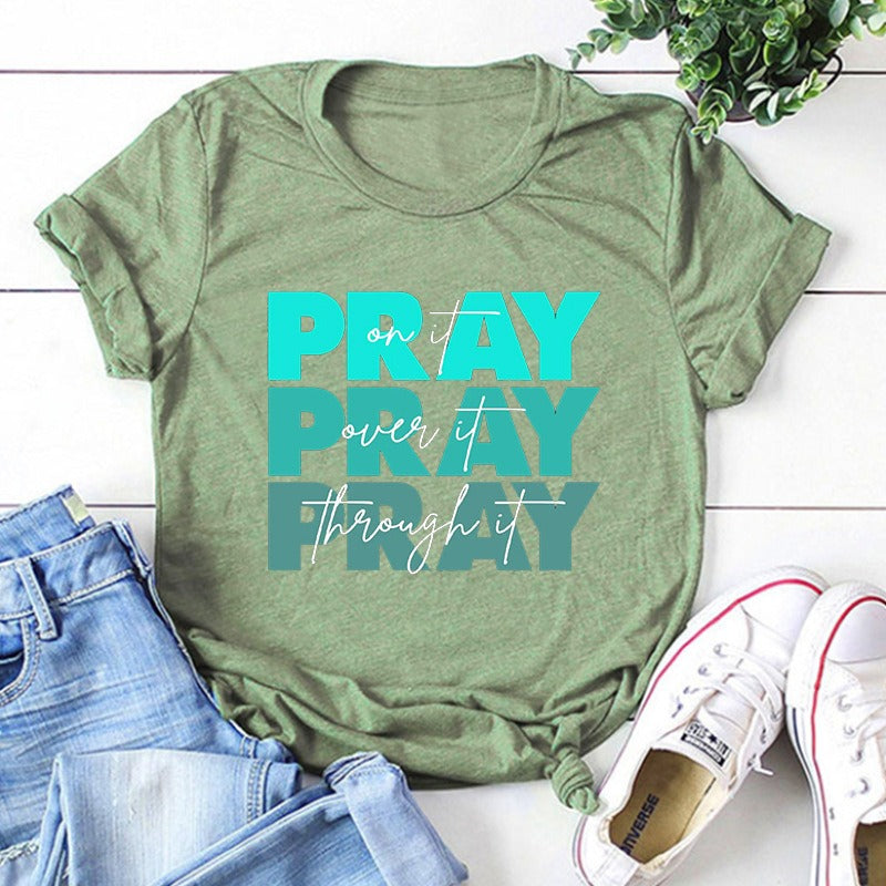 Modieuze Streetwear Effen Kleur Casual Vintage Religieus T-shirt met Ronde Hals en Korte Mouwen voor Dames/Plus-size & Meiden