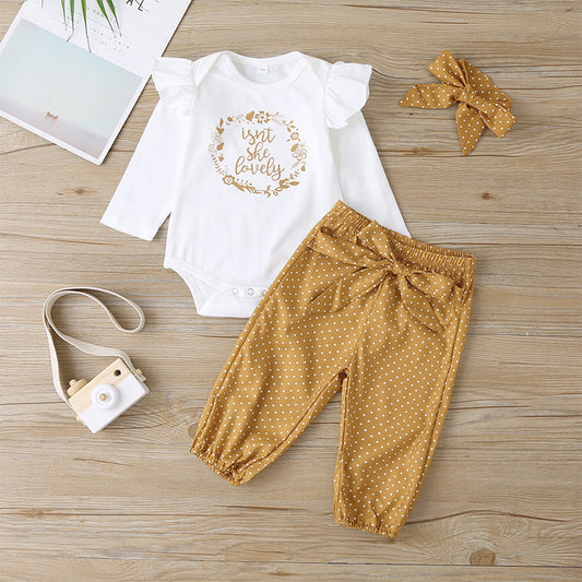 Trendy 3-delige Set Baby Meisjes Romper met Lange Mouwen, Strikhaarband & Broek met Strik