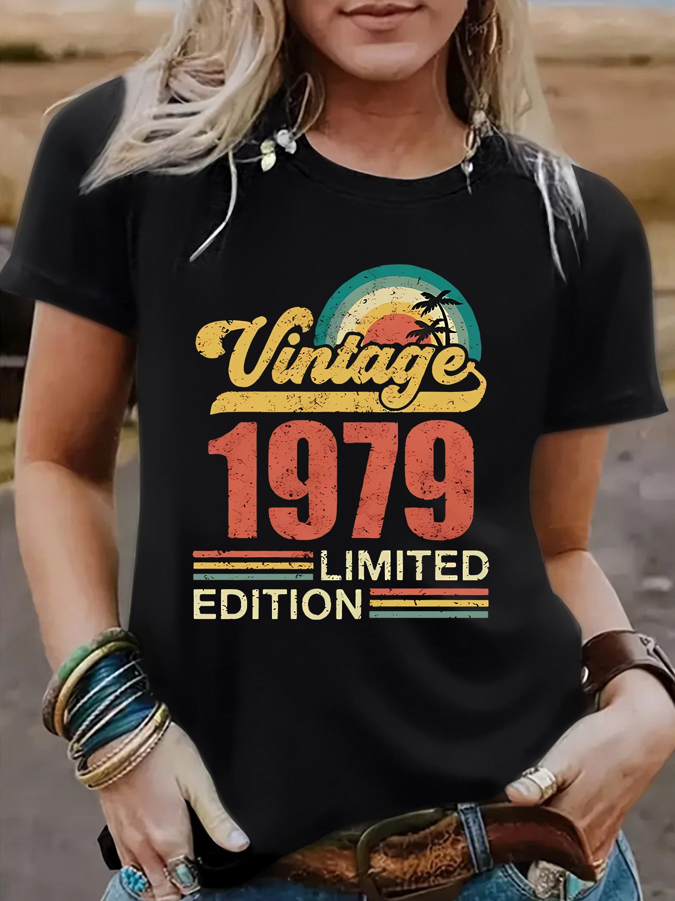 Klassiek Casual Effen Kleur Bedrukte Vintage Stijl uit 1979 T-shirt met Ronde Hals en Korte Mouwen voor Dames/Meiden & Plus-SizeKlassiek