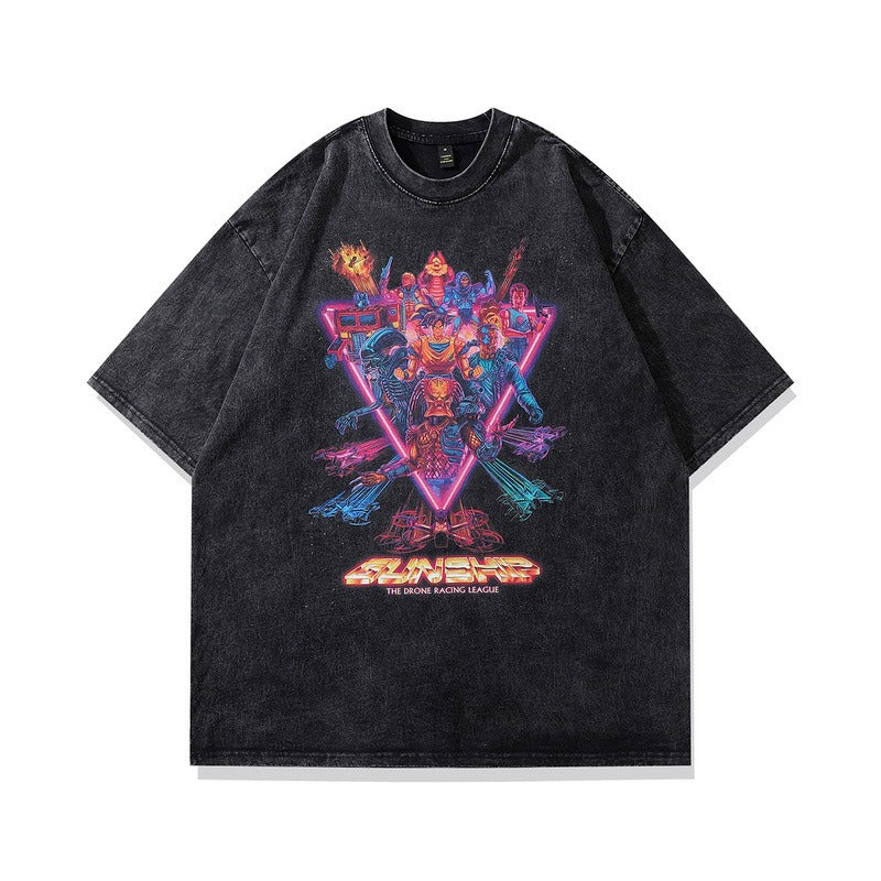 Trendy Effen Kleur Casual Vintage Ronde Hals Cartoonprint T-shirt met Korte Mouwen voor Unisex