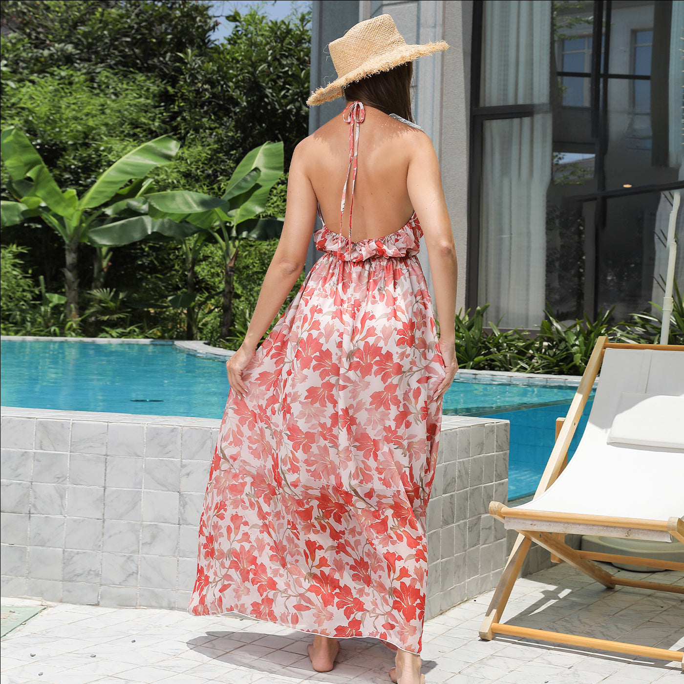 Casual Vintage Mouwloze Bloemenprint V-hals Maxi-jurk met Open Rug en Kraag van Kant voor Dames & Plus-size