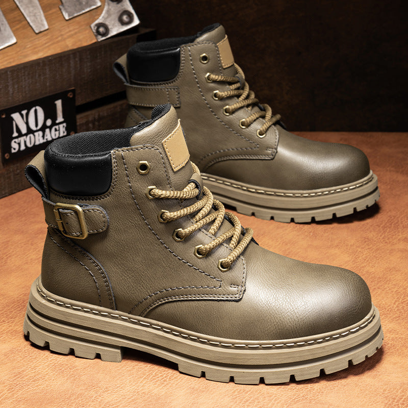 Retro Casual Business Effen Kleur Hoge Workboots van Echt Leer met Ronde Neus en Vetersluiting voor Heren