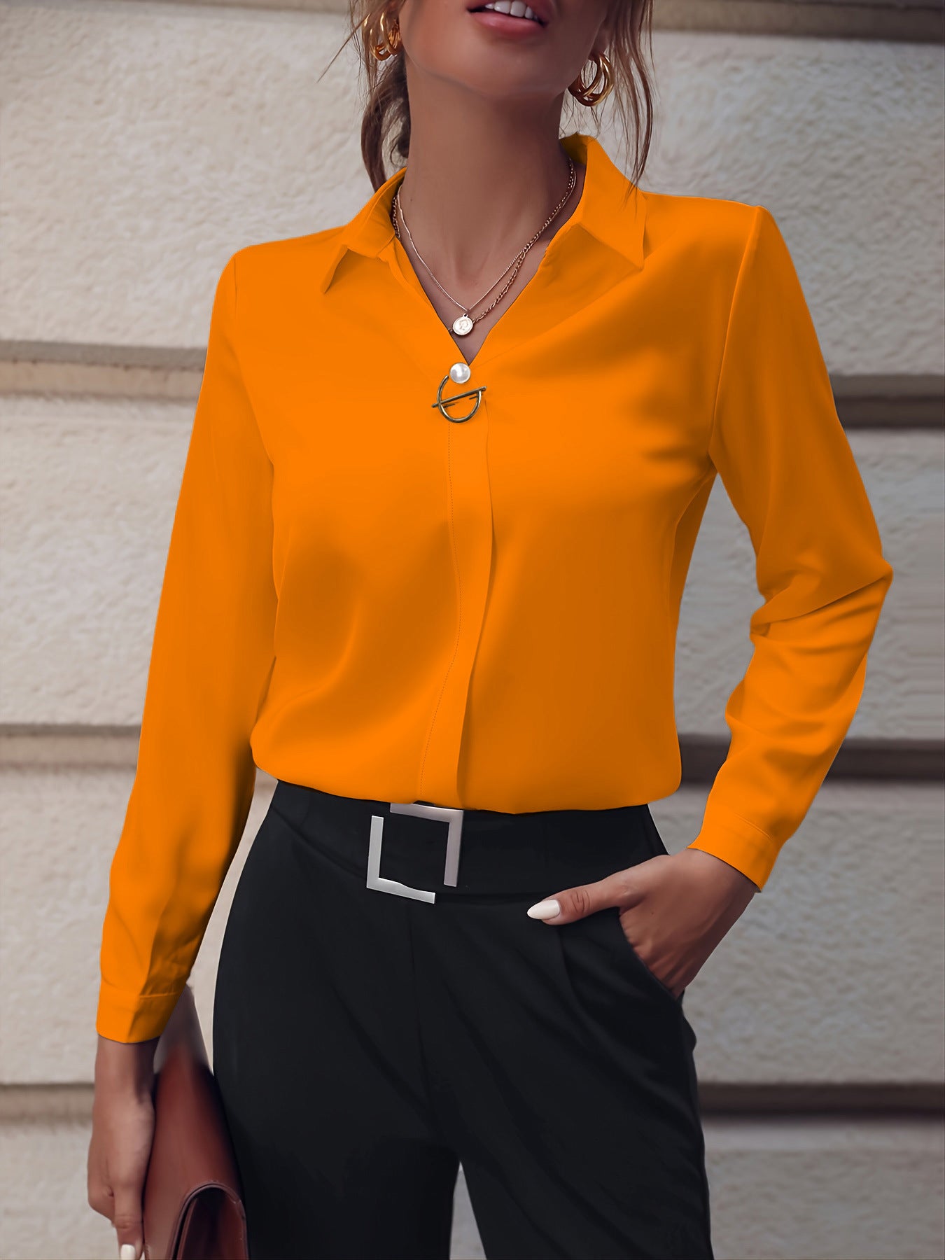 Elegante Forensen in Effen Kleur V-hals Shirt met Lange Mouwen en Knoopsluiting voor Dames/Plus-size & Meiden