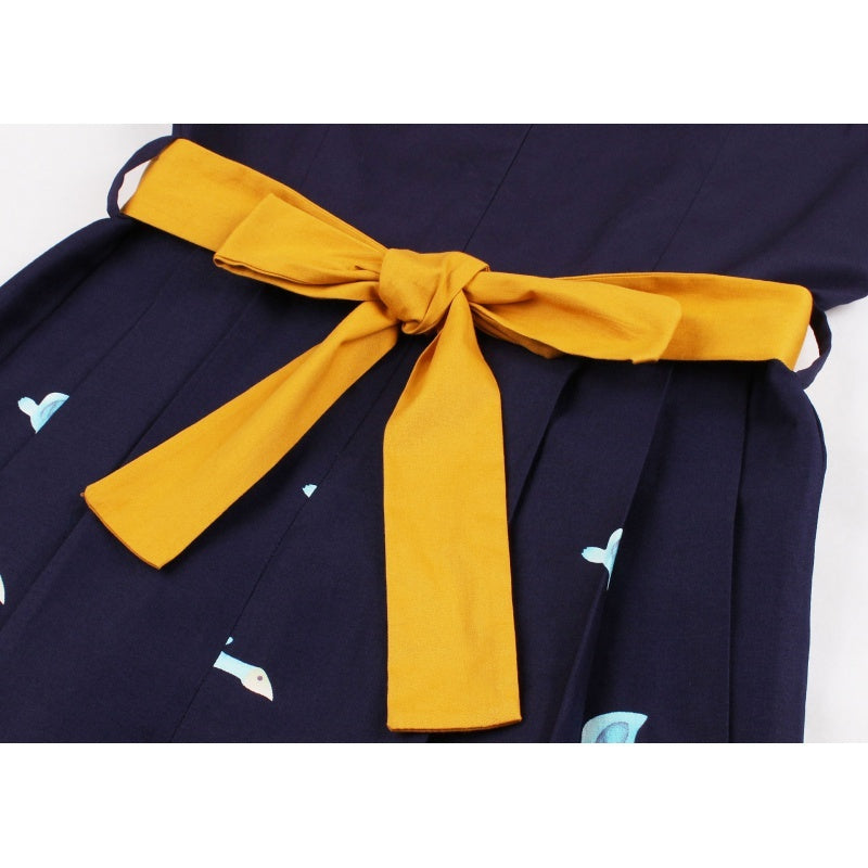 Hepburn Style Franse Vintage Vogelprint Jurk met Ronde Hals en Gele Riem voor Dames & Plus-size