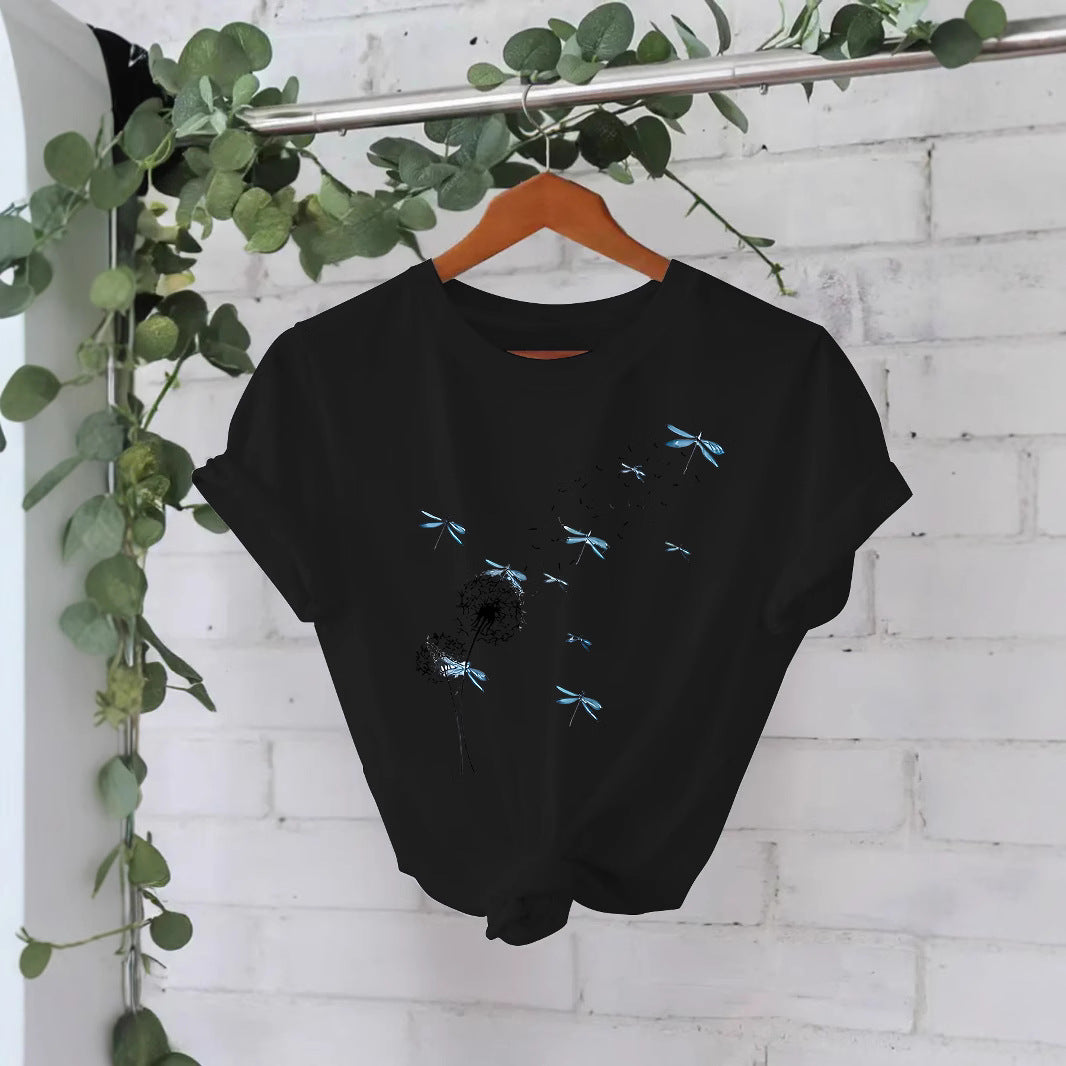 Stijlvolle Basic Streetwear Effen Kleur Casual Ronde Hals T-shirt met Paardenbloemmotief en Korte Mouwen voor Dames & Plus-Size