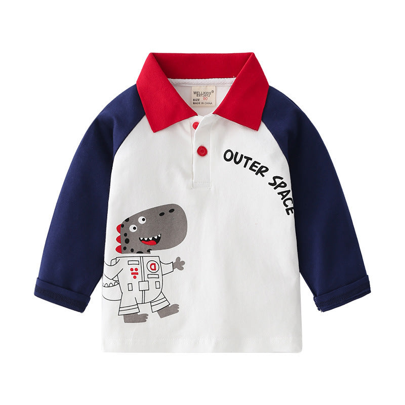 Modieuze Casual Katoenen Revers Poloshirt Bedrukte Cartoonprint met Knoopsluiting en Lange Mouwen voor Kinderen