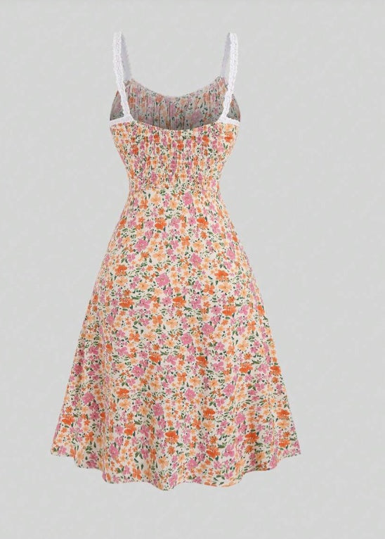 Casual Slim-Fit All-Over Print Midi-jurk met Spaghettibandjes en Trekkoord voor Dames & Plus-size