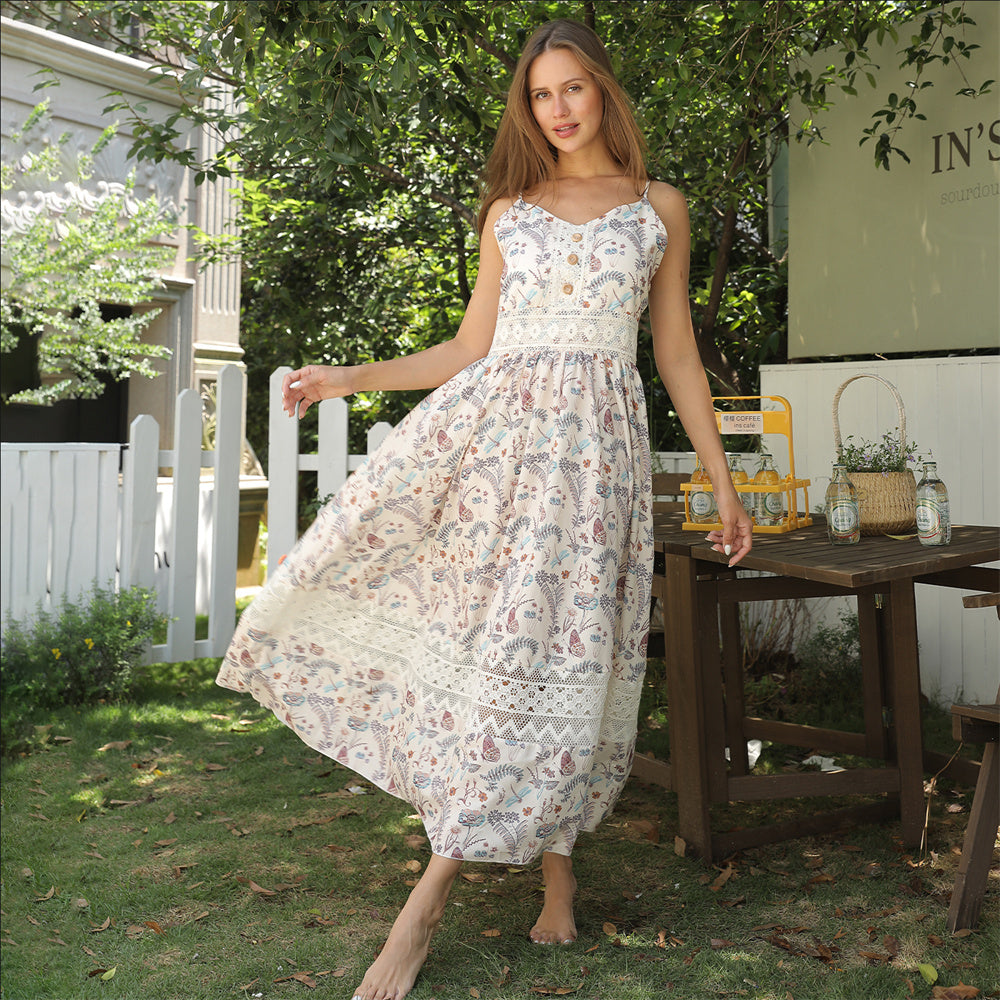 Elegante Bloemenprint Maxi-jurk met V-hals en Spaghettibandjes voor Dames & Plus-size