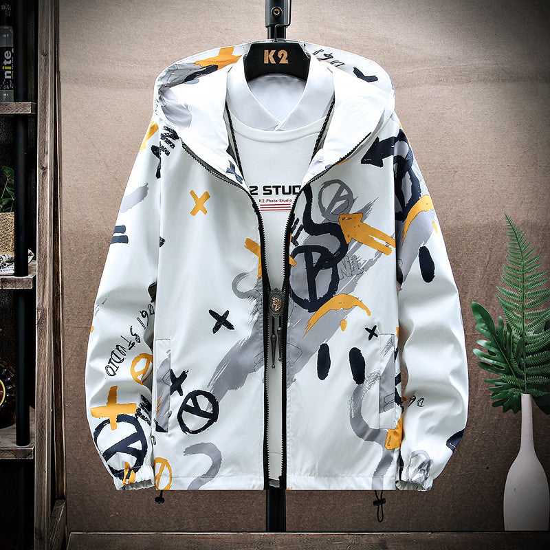 Trendy Garffitiprint Windjacket met Capuchon en Ritssluiting voor Heren