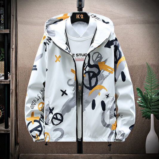 Trendy Garffitiprint Windjacket met Capuchon en Ritssluiting voor Heren