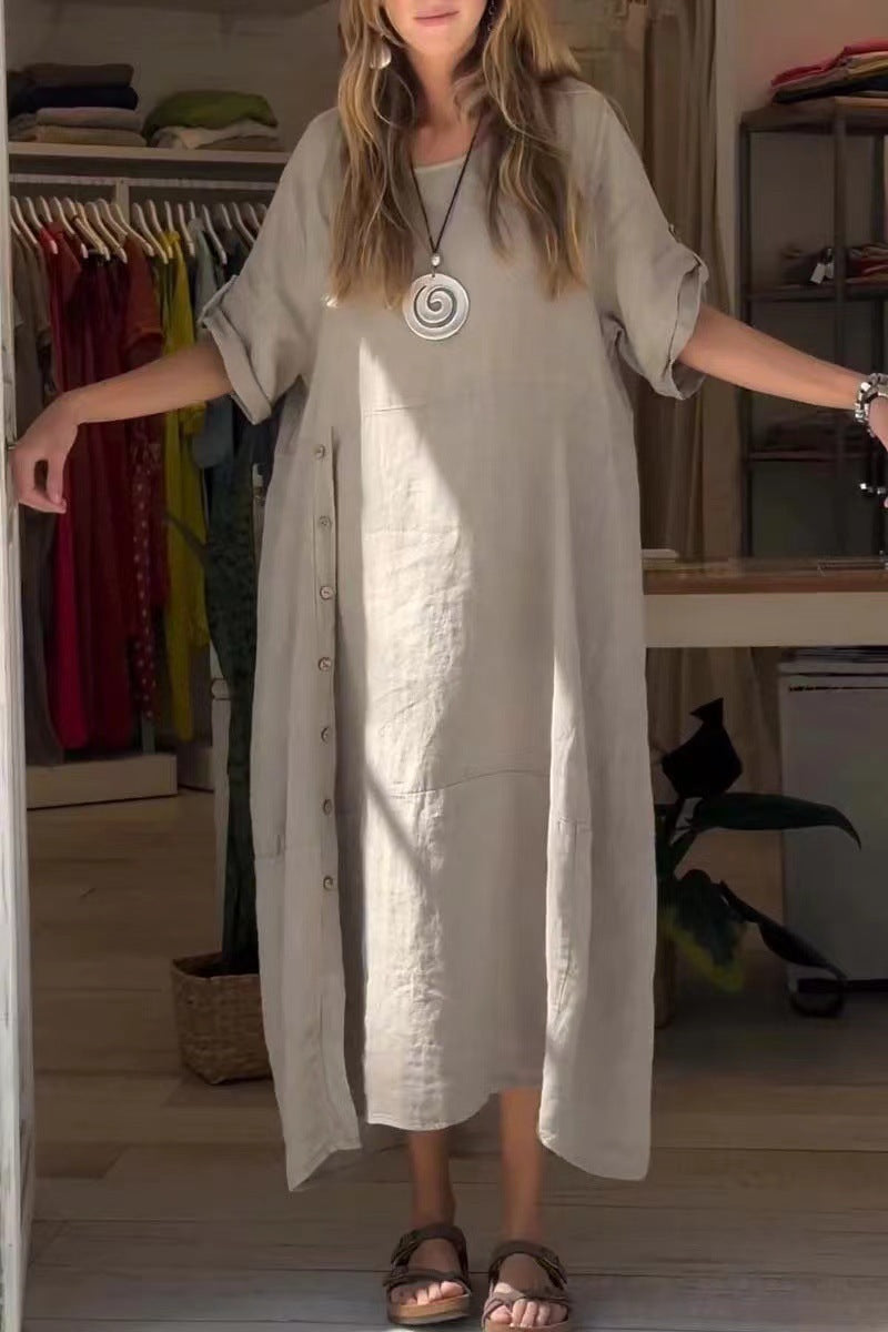 Casual Oversized Katoenen Linnen Korte Mouw Maxi-jurk in Effen met Knoopsluiting en Ronde Hals voor Dames & Plus-size