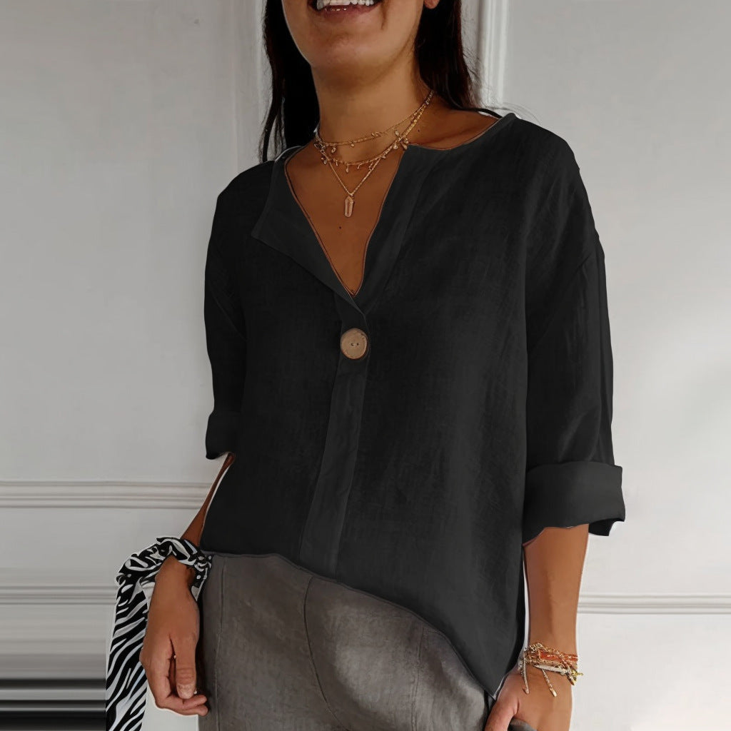 Unieke Designer Linnen V-hals Oversized Blouse T-shirt met Lange Mouwen en Knoopsluiting voor  Dames & Plus-size